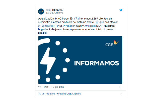 CGE informa que corte de luz en Puente Alto, San José de Maipo se debe al sistema frontal